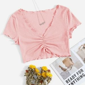 NWOT SHEIN Ruched Detail Lettuce Trim Tee Cropped